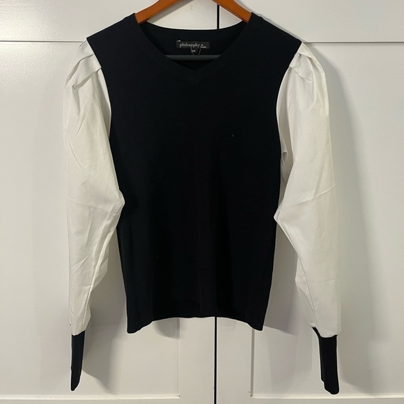 Philosophy Tops - Ribbed Cotton Puff Sleeve Top | Black and White Contrast